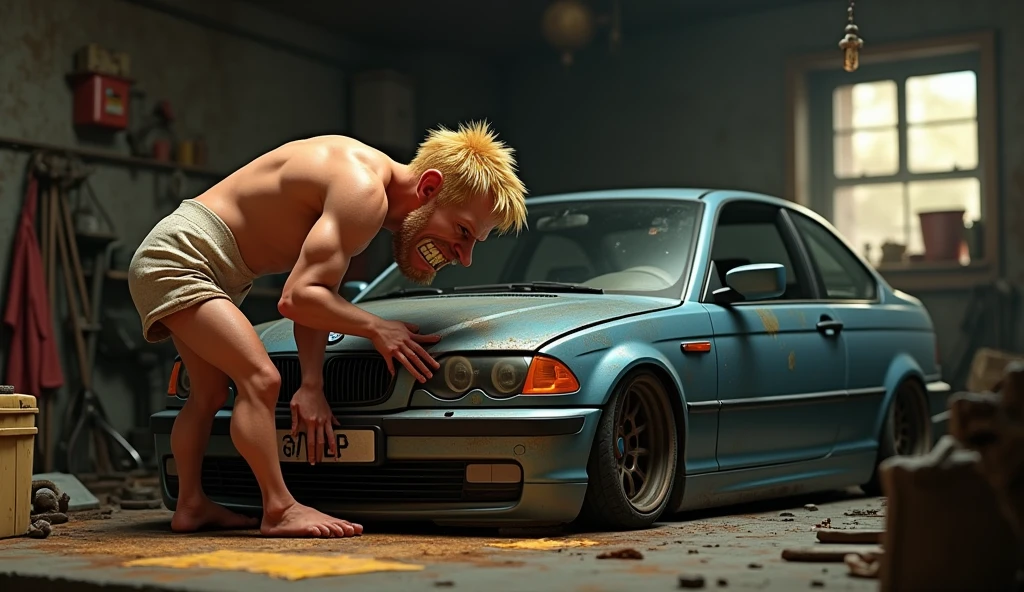 Im Stil von Pixar 3D-Animation filmen (Caricature). A hunched man with a nasty face , short blonde hair and a dirty white undershirt works on a dirty and rusty silver BMW E46 Compact in a dark and dirty garage.
