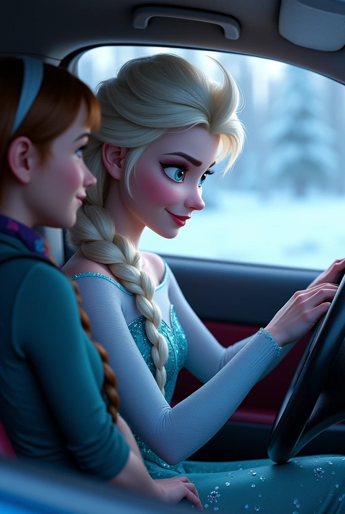 Elsa Frozen  is sitting in the car , pumping the pedal  and holding your hand. you are sitting next to her
