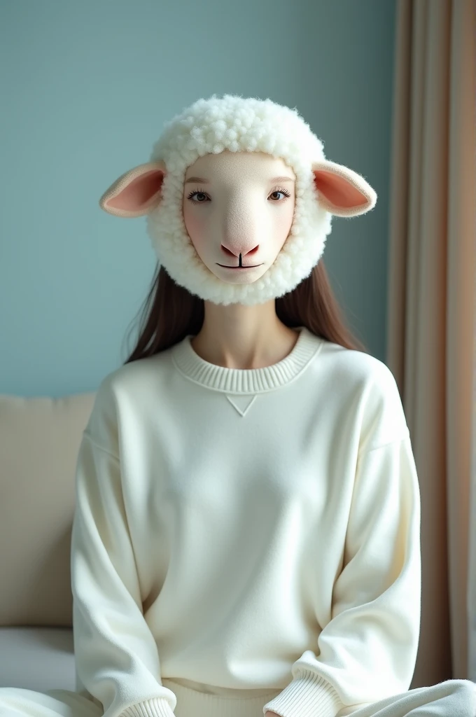 Image of a teenager wearing a sheep mask, with a white sweater with a light blue background wall and a light brown curtain