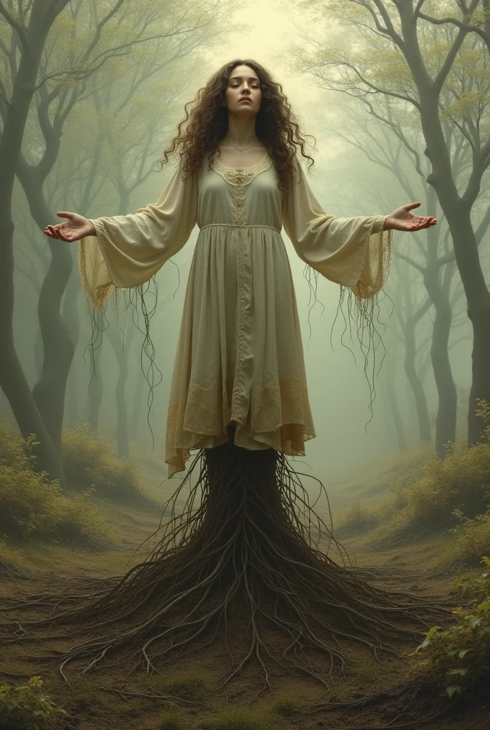 Woman with feet rooted with arms open and with curly hair and modest clothing feet with roots