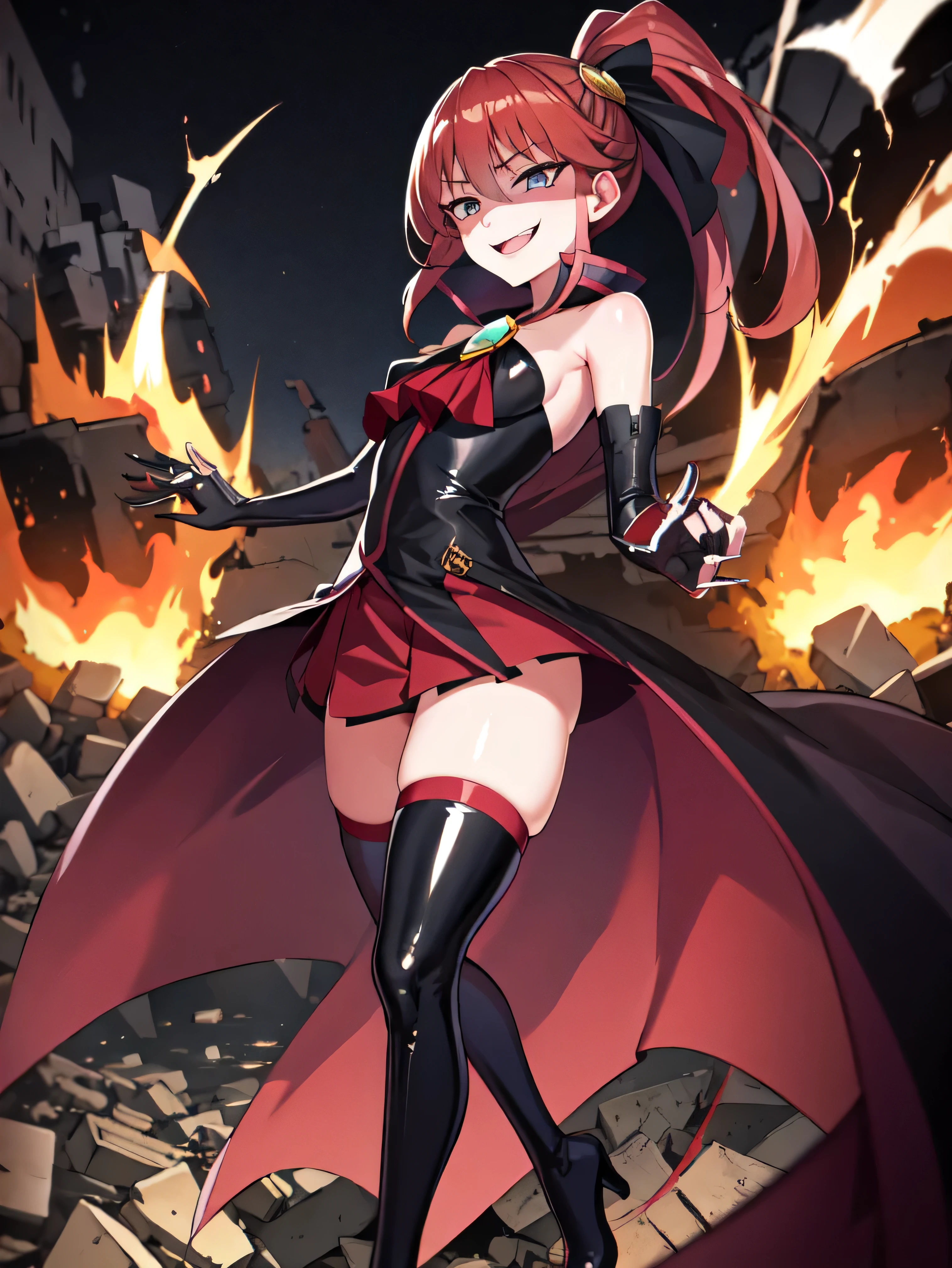 Highest quality, masterpiece, One Girl,Not beautiful, Red Ponytail, Long dress, brooch, Hair Ribbon, Black knee socks, Standing on the rubble, , ,,Dark shadow face,Sadistic laugh,,Malice,Contempt,smile,latex,Bad face,,Red Skirt,both hands,Two legs,Five Fingers,Evil background,Elbow fullgloves,shiny latex,evil laugh, Debish Aura (Shiny fabric:1.5),Dark world background,solo,Burning cityscape,looking dwon at viewer