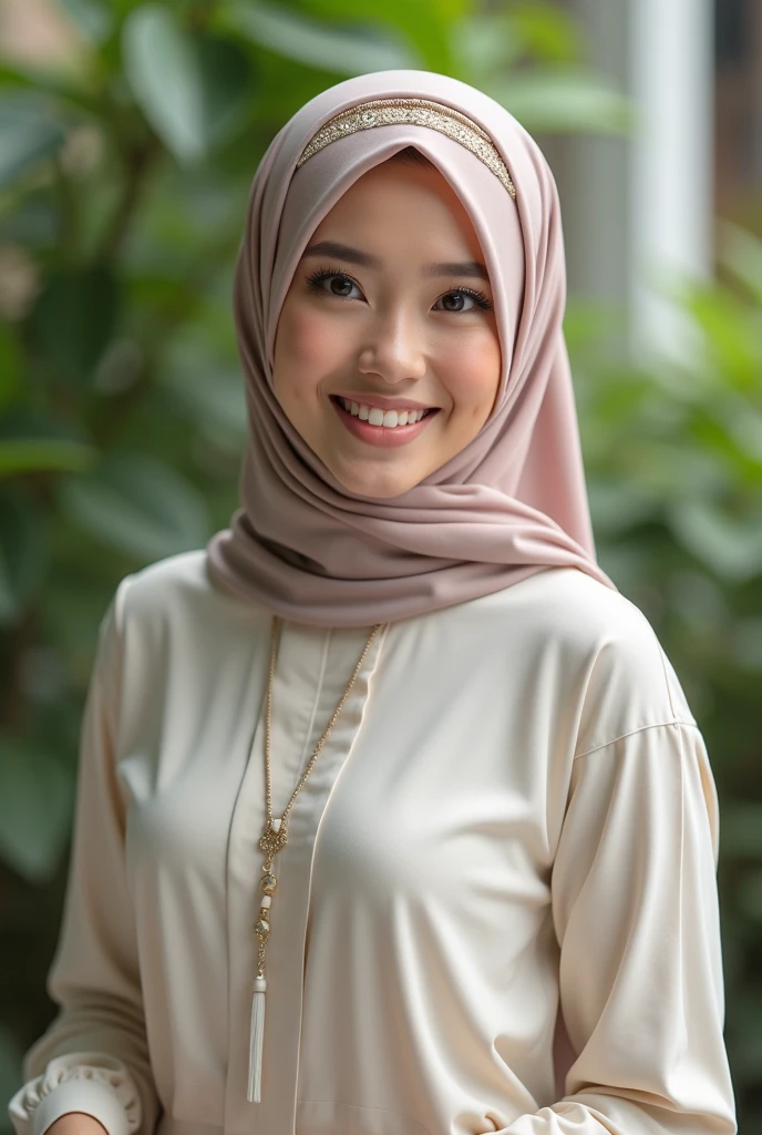 RAW, Best quality, high resolution, masterpiece: 1.3), beautiful Malay woman in hijab,Masterpiece, perfect  fit body, ((Huge breast)), biggorgeous eyes, Soft smile,muslim woman in a plain long sleeve shirt and hijab posing for a picture, hijab, with lovely look, with beautiful colors, with accurate face, pose 4 of 1 6, traditional beauty, batik, wearing beautiful clothes, beutifull, with beautiful exotic, attractive pose, cute pose, scarf, wearing plain chiton, very attractive , she is smiling,Delicate turtleneck, necklace, shairband, afternoon walk, City garden, Excellent lighting, Bright colors, Clean lines  white eyes realistic 8k