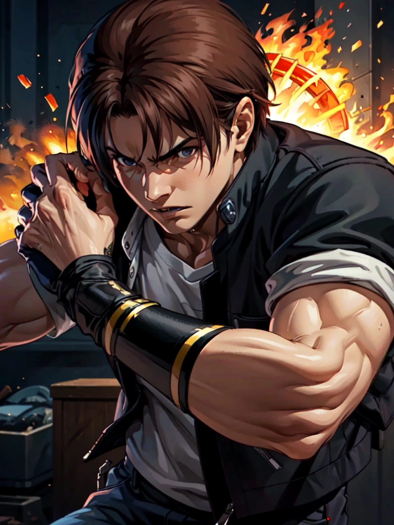 Masterpiece, highest quality, ultra realistic, intricate details, 8k, 4k, professional illustration of kyo kusanagi,, (perfect hands), serious look|expression, fire vortex