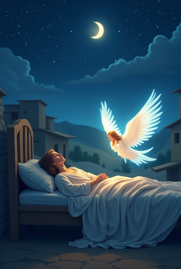A digital artwork depicting Mary of Nazareth sleeping, receiving a visit from an angel in your dreams, with the city of Nazareth in the background, where Jesus grew up. The scene takes place in a night environment with a starry sky., illuminated by the soft light of the stars and moon. Mary is lying on a simple bed, with a serene and tranquil expression. The angel appears beside her, glowing softly with a heavenly presence, its wings radiating a soft light. Ao fundo, the landscape of Nazaré is visible, with its gentle hills and modest buildings, evoking an atmosphere of peace, spirituality and divine connection.
