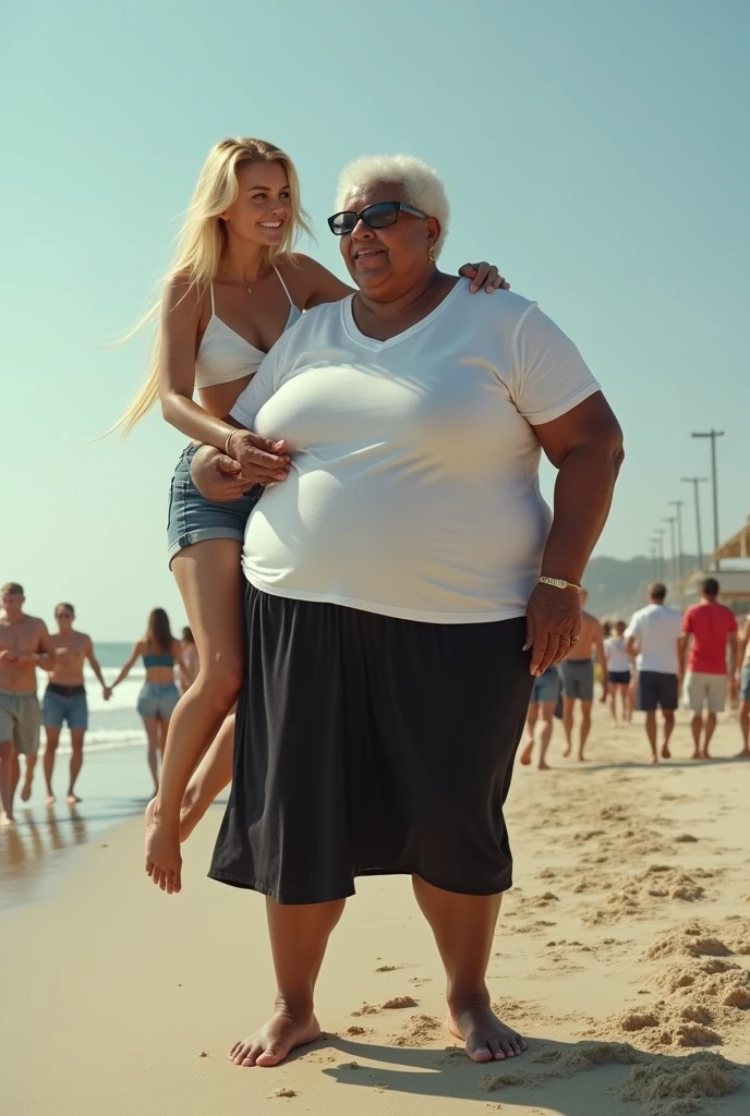 Create a realistic image of an elderly woman, 90 years old, obese, with black and dark skin, wearing a white shirt and black skirt and glasses, lifting the body of a 2 woman from the ground by the waist and lifting it high into the air, with light white skin, blonde hair long, slim body, wearing a white top and short denim shorts on a beach with people around