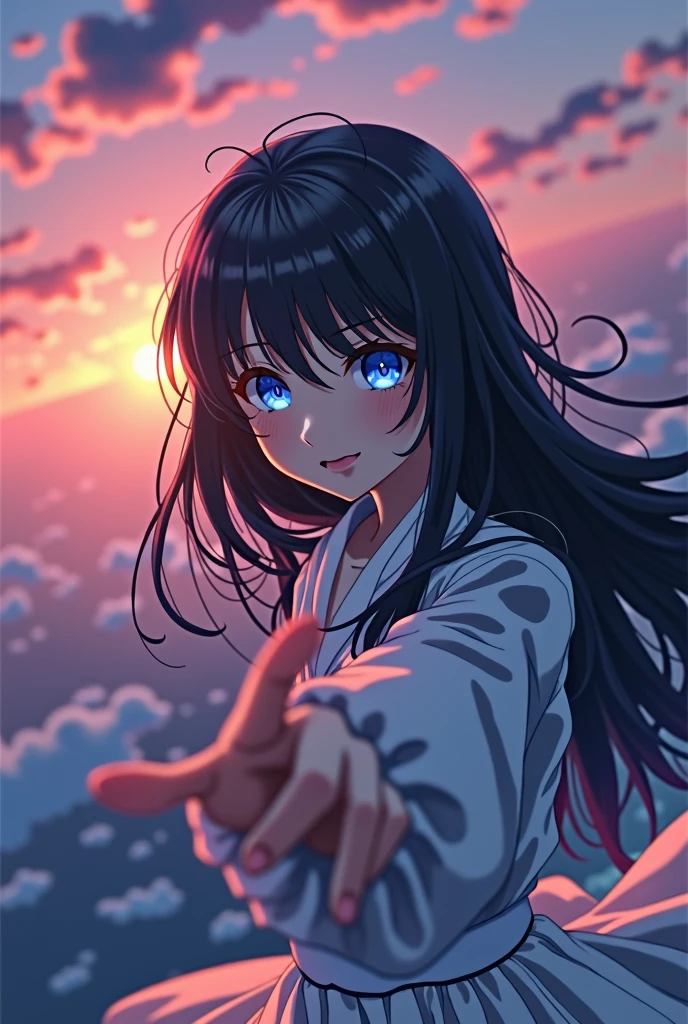((masterpiece)), aerial view, Sunset, ((pastel colors)), Ultra detailed, Anime girl with long black hair and blue eyes pointing at something, inspired by Alice Prin, Kage Kage Mamoru anime art style!, picture of ((mischievous)),, Alicia from Alicia in wonder land, Alicia's sister, (((evil smile)))