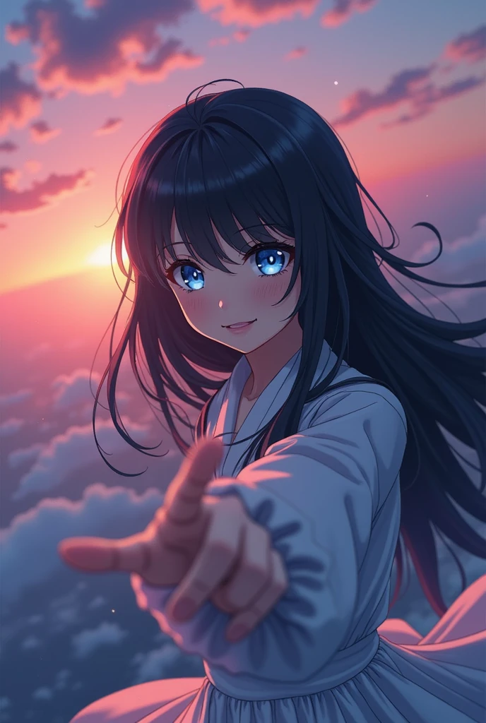 ((masterpiece)), aerial view, Sunset, ((pastel colors)), Ultra detailed, Anime girl with long black hair and blue eyes pointing at something, inspired by Alice Prin, Kage Kage Mamoru anime art style!, picture of ((mischievous)),, Alicia from Alicia in wonder land, Alicia's sister, (((evil smile)))