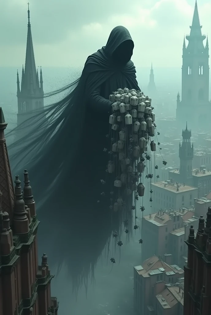 Hooded silhouette of a steam-powered Grim Reaper riding over Barcelona with a spectral glimmer looming over towers and rooftops, holding in its black threads hundreds of small white coffins that leave behind a trail of black flowers