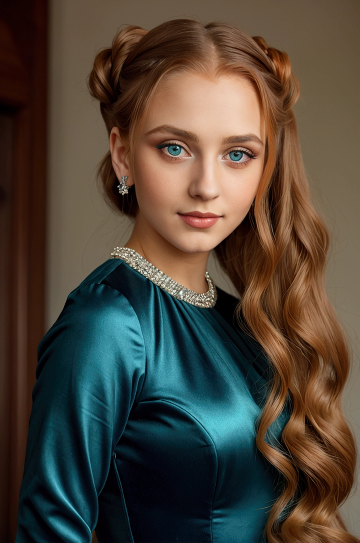 beautiful woman, 20 years old,Long orange wavy hair pulled back with jeweled hairpins, deep green eyes, Victorian navy blue dress with rhinestones, proud expression