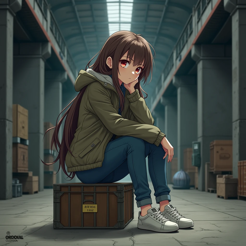Girl, Brown Hair, Red eyes, parka jacket, blue jeans, white sneakers, sitting on crate, in warehouse, anime