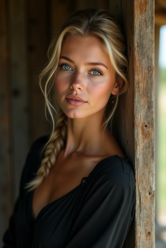 A delicate woman with beautiful eyes leaning against a wooden hut, wearing a black dress, her blond hair braided in a single braid, wide eyes, and her beautiful face full of vitality and strength.
