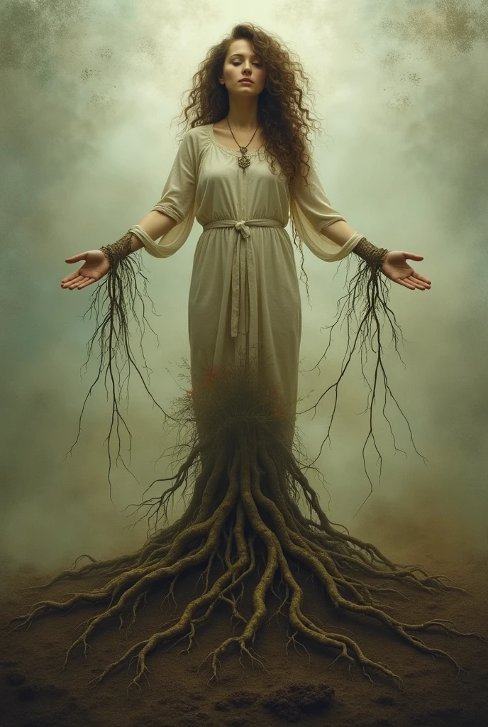 Woman with feet rooted with arms open and with curly hair and modest clothing feet with roots