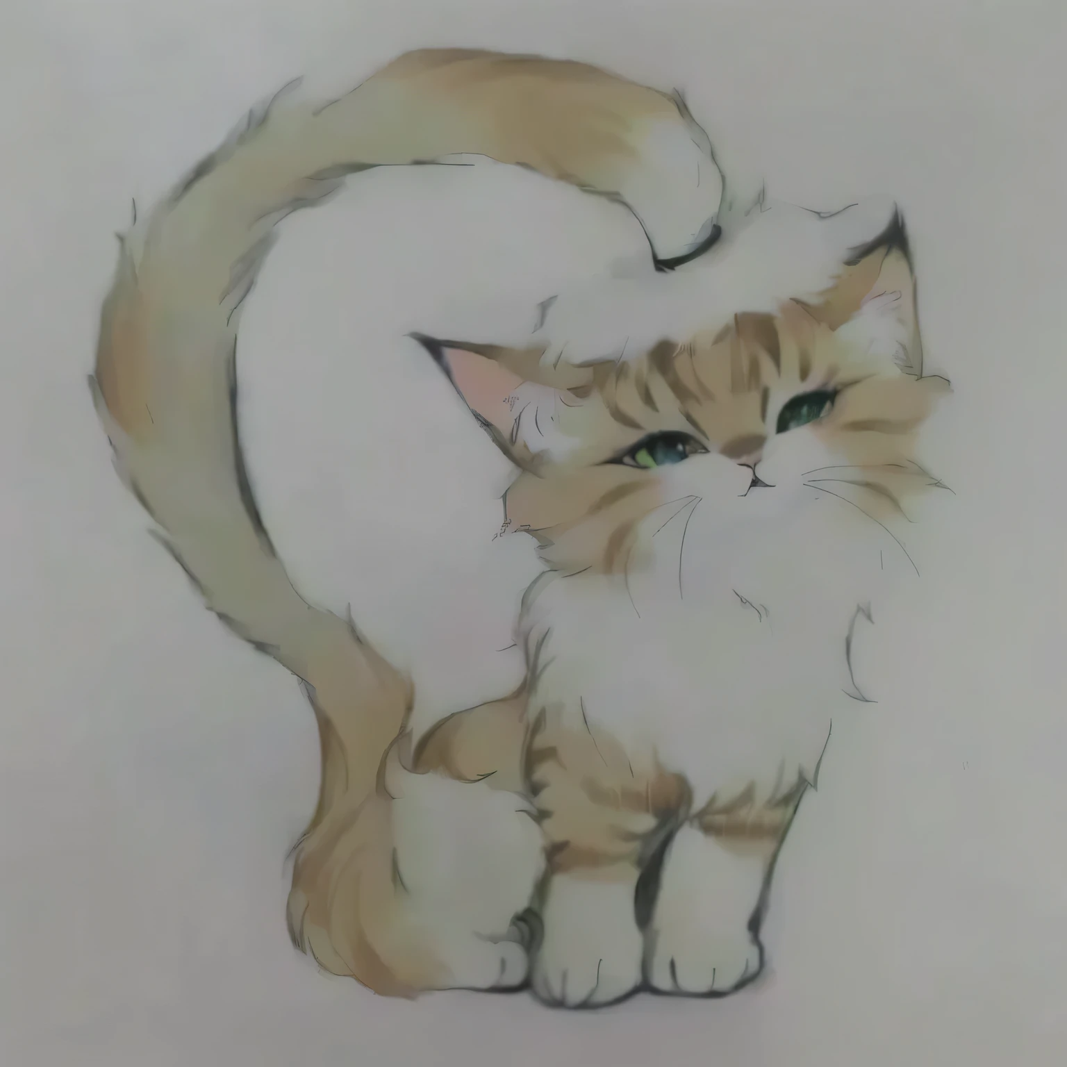 There is a drawing of a cat with a heart on it., cat drawing, cat tail, anime cat, fluffy tail, painting of a cat, illustration of a cat, anthropomorphic cat, ready anthropomorphic, ginger cat, a painting of a cat, realistic anime cat, in a painting of a cat, a fluffy cat, an anthropoid cat