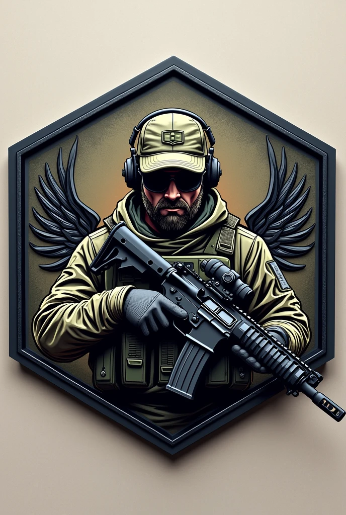 Create Hexagonal Rubber Patch Cliché Image, Military coat of arms, with the name Lukinha Airsoft and an operator carrying an m4 rifle wearing a cap and headphones