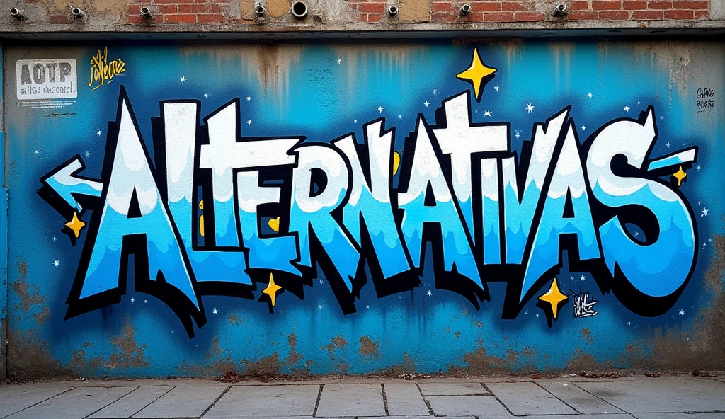 intricate blue, light blue, white graffiti, graffiti art, graffiti mural, graffiti on wall, graffiti wall, ghetto style graffiti, "ALTERNATIVAS DE PODER" text, detailed graffiti, vibrant colors, urban street art, gritty urban environment, dynamic composition, hyperrealistic, photorealistic, 8k, high resolution, detailed textures, dramatic lighting, moody atmosphere, bold contrasting colors, grungy aesthetic, gritty urban vibe, eye-catching design, masterpiece, stunning realism