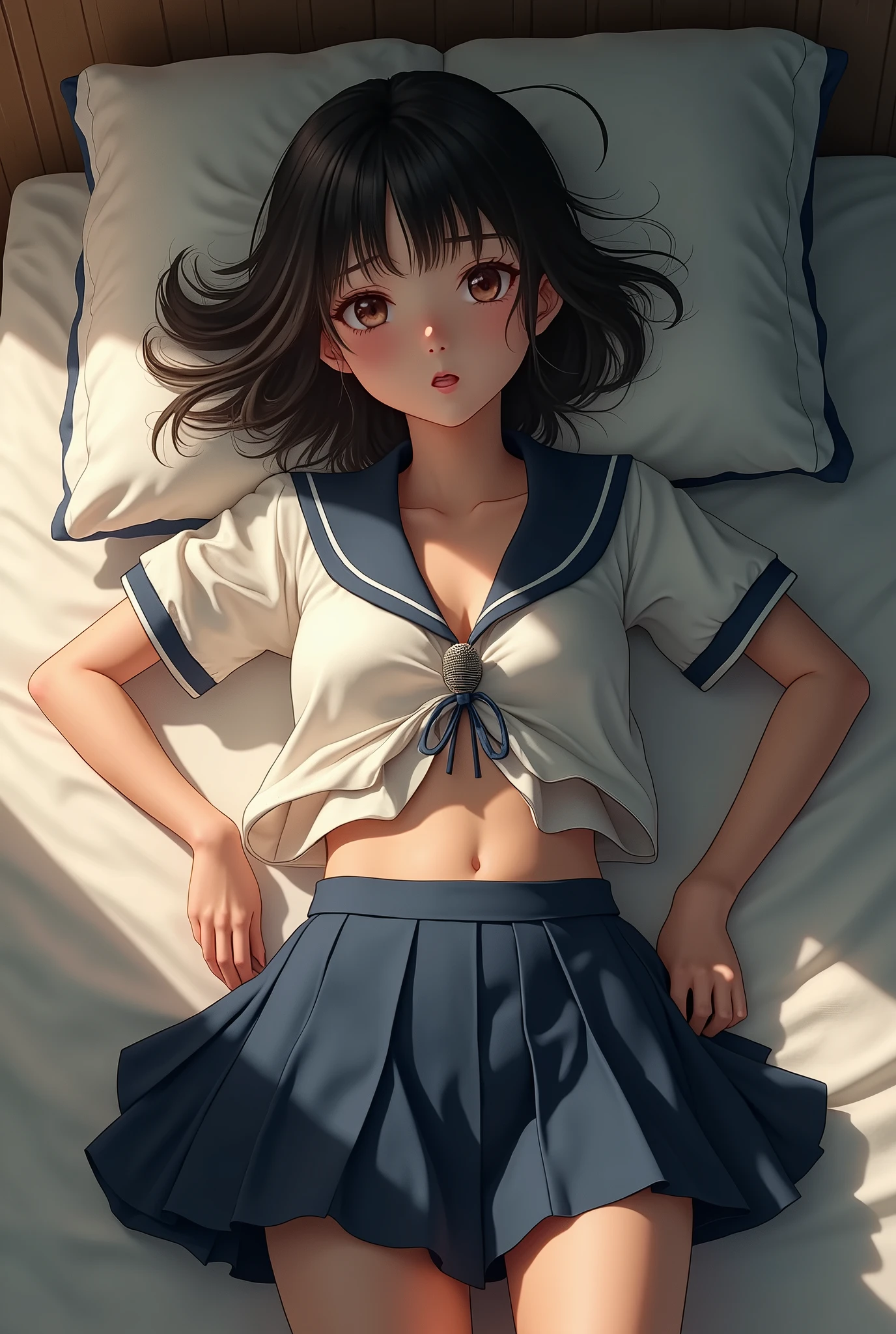 (1 girl), highy detailed girl, standing alone, ((highy detailed face)), Extremely detailed 8k unified CG wallpaper, highy detailed, RAW color photos, professional photograpy, realisitic, (mic , mic breasts, neckleace:0.8), (hchool uniform with Open chest:1.6, Open chest:1.5), (looking ahead at viewer, embarrased:1.6, Embarrassed expression:1.45, sleepy eyes:1.2, shy, upturned eyes, confusing), pleatedskirt, Room,(From above, lying on her back, head on a pillow, spread your legs open, camel toe, whole body)