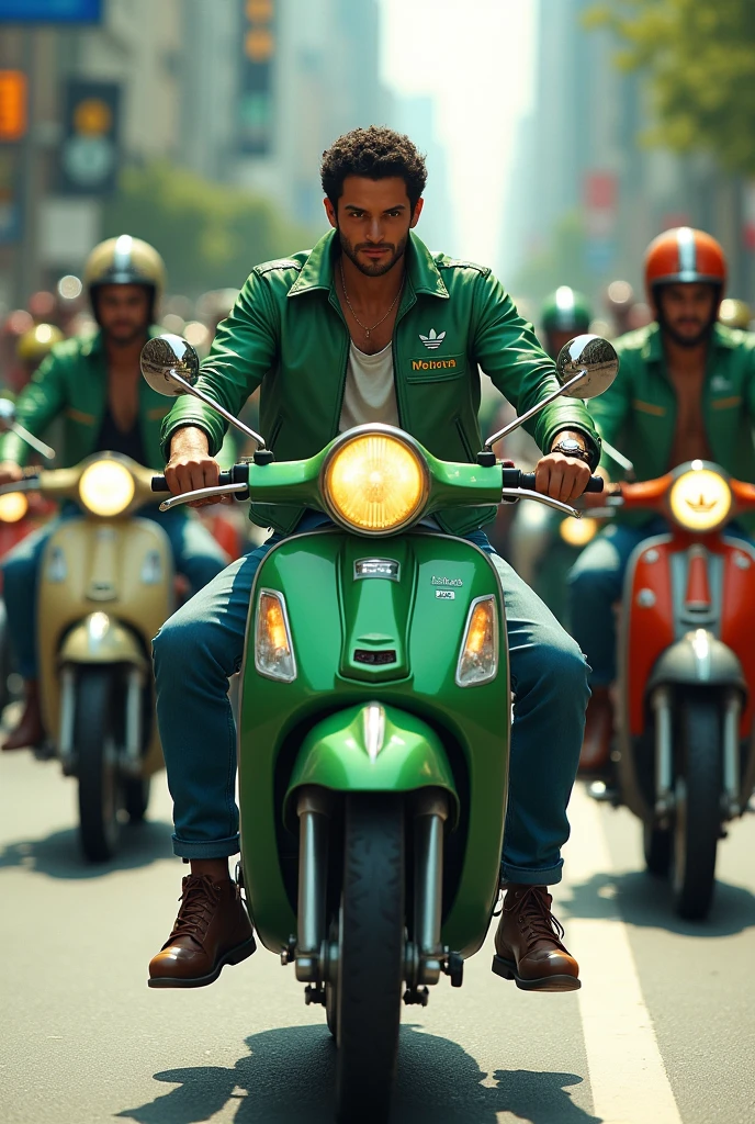 Zoro rides a step through Honda moped, Zoro brings his 100 motorbike members, all of them are wearing green motorbike jackets, with the word MELUNCUR on the front of the Adidas style jacket, wearing long jeans, and wearing motorbike shoes, all the members look excited. In fact, they also ride in full swing