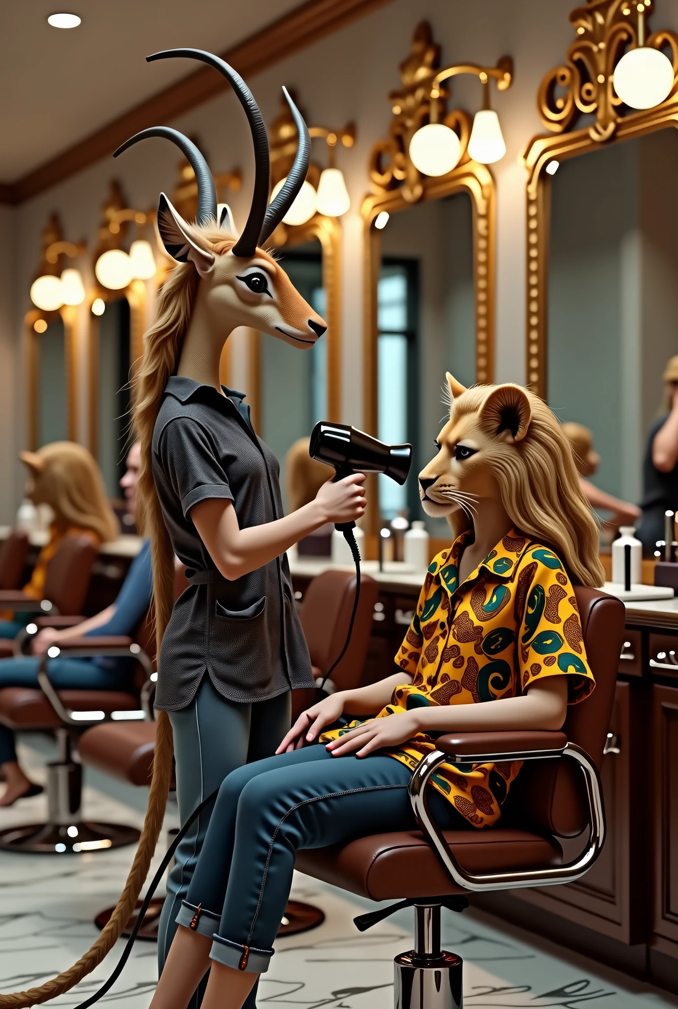 A female a gazelle barber,, is giving me a blow dry for a very young lioness wearing a Versace shirt and jeans in a very luxurious shop, realistic as in real life