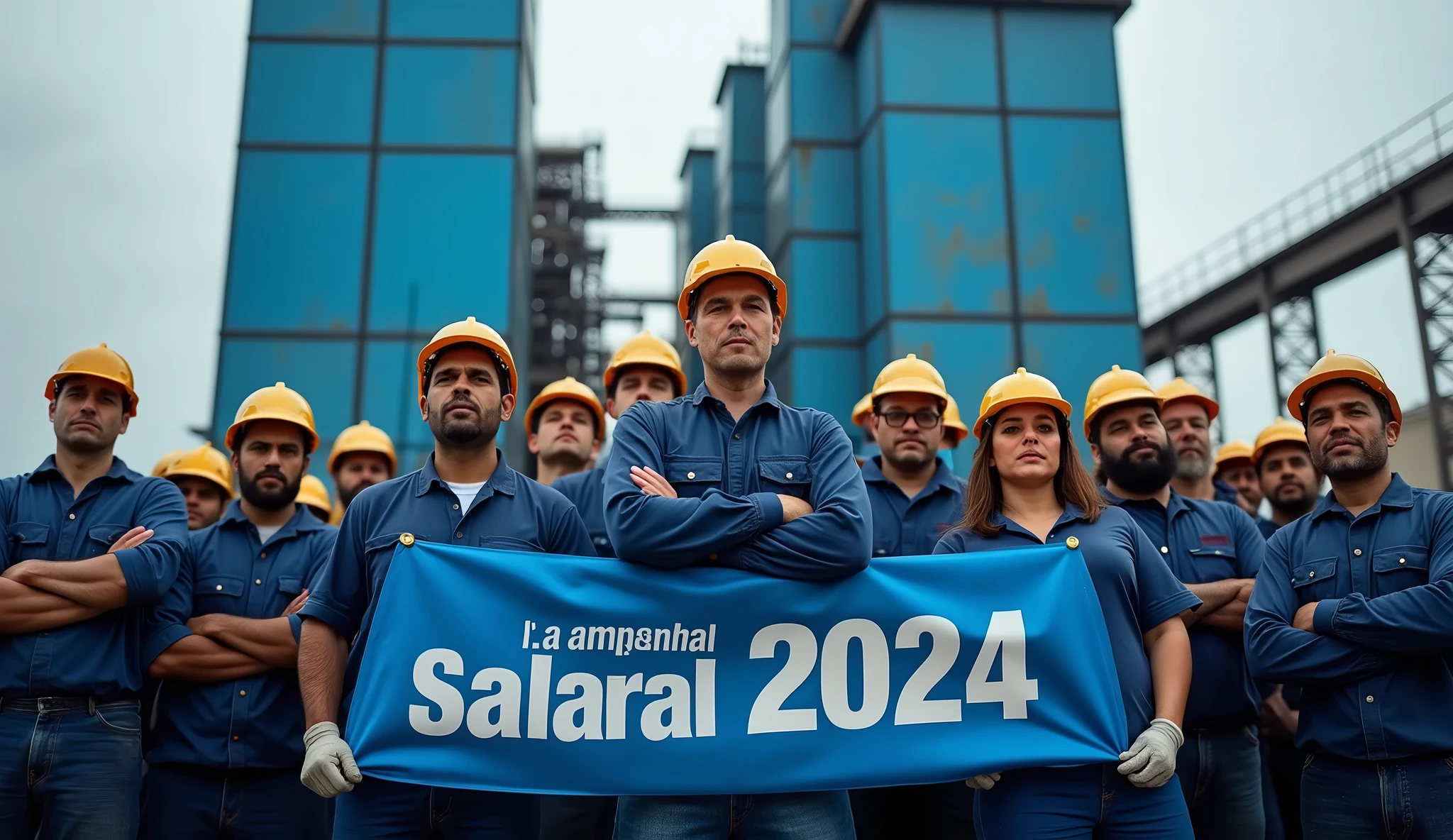 A striking depiction of Brazilian metalworkers, men and women, standing strong in front of a modern factory with large navy and light blue buildings. Dressed in blue uniforms and safety helmets, they face the camera with unwavering determination. Some workers have their arms crossed, while others hold a banner with the phrase "Campanha Salarial 2024" in Portuguese. The scene captures the spirit of unity and struggle for workers' rights.