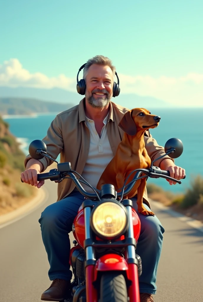 I am a middle-aged man and my furry caramel dachshund dog on top of the red motorcycle enjoying the sea listening to music on Bluetooth headphones 