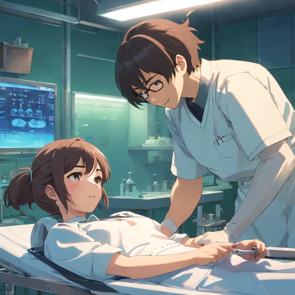 a girl lying on an operating table, a man standing over her holding a kitchen knife and drooling, anime style