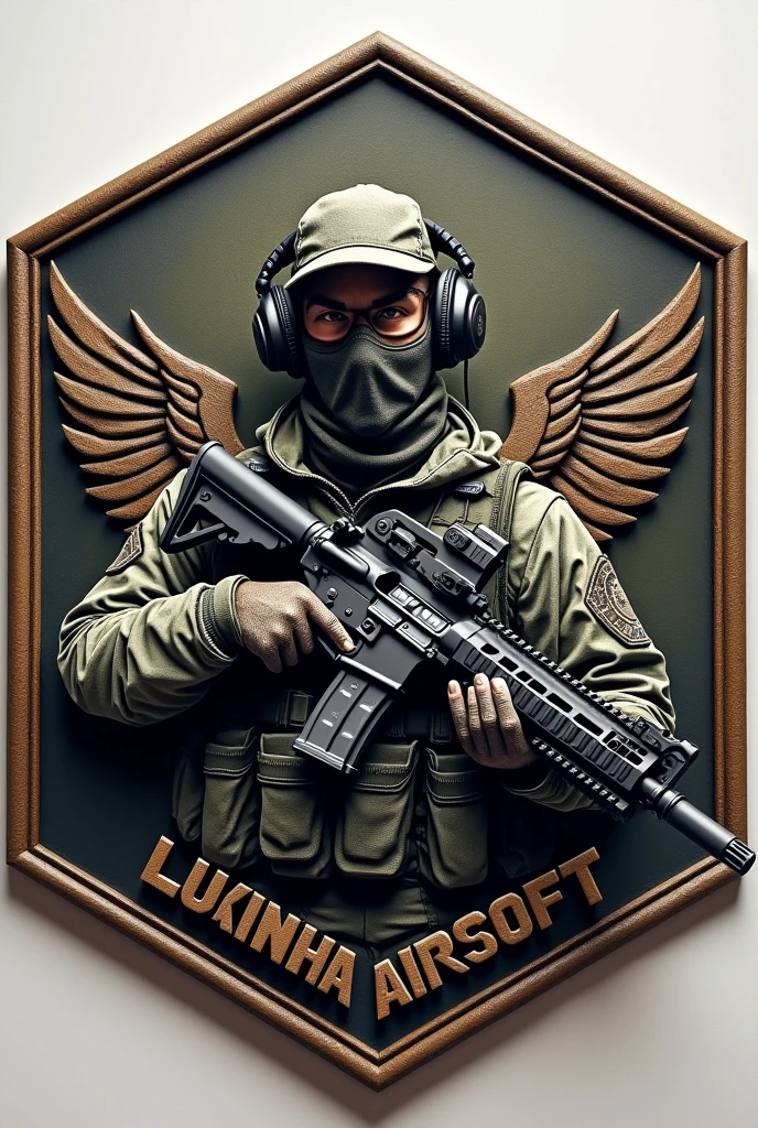 Create Hexagonal Rubber Patch Cliché Image, Military coat of arms, with the name Lukinha Airsoft and an operator carrying an m4 rifle wearing a cap and headphones