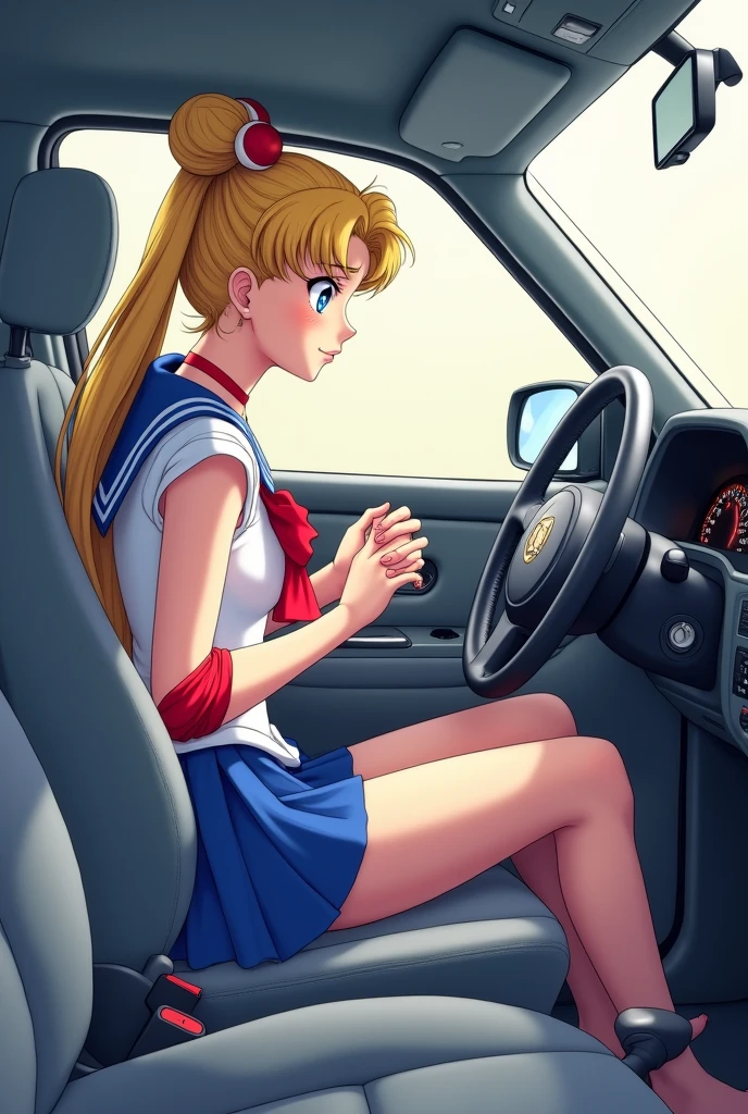 Sailer Moon   is sitting in the car , pumping the pedal  and holding your hand. you are sitting next to her