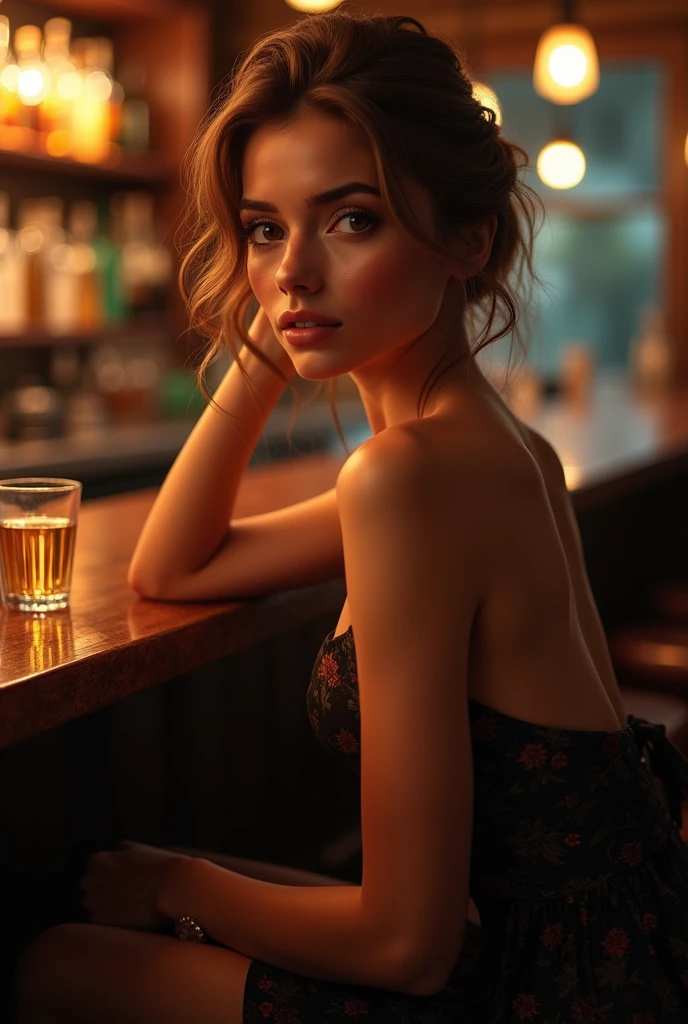 (photorealism:1.2), beautiful woman, fair, intoxicated look at bar, drinking, classy dress, relaxed pose, realistic, intricate details, drinking bar, lights