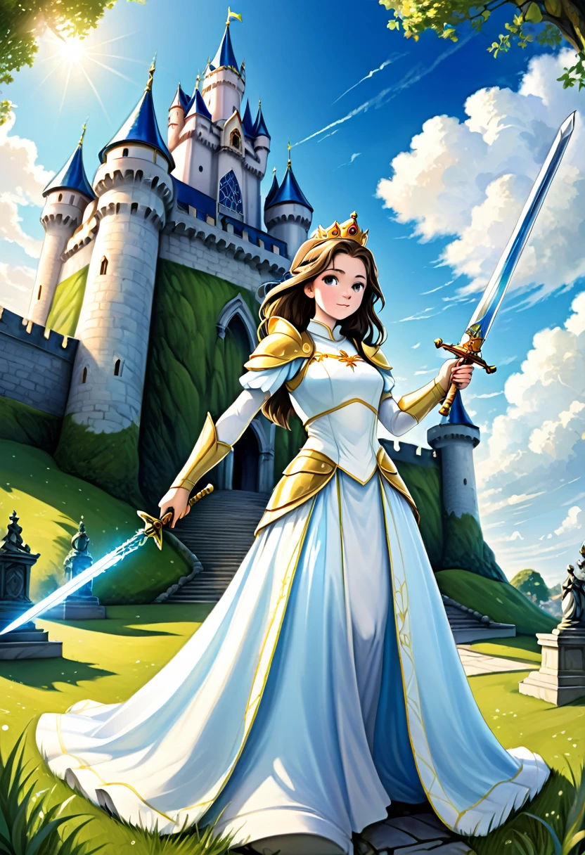 detailed illustration, dynamic angle, ultra-detailed, illustration, beautiful illustration, elegant illustration, human, 1girl, princess, sword, holy, spirits, ancestors, castle, blue sky, green grass, marble statues