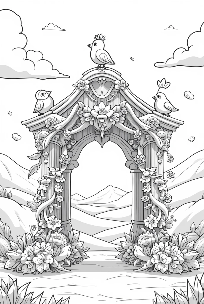 A line art for a children's coloring book in Pixar style of a wedding celebration altar with full of details