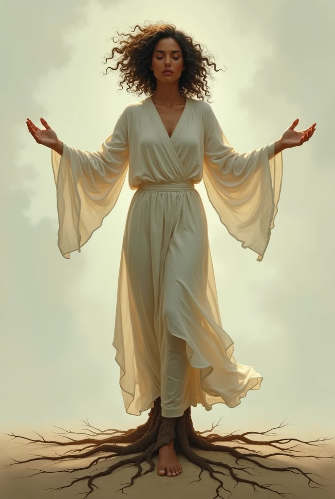 Woman with open arms and curly hair and modest clothing feet with roots