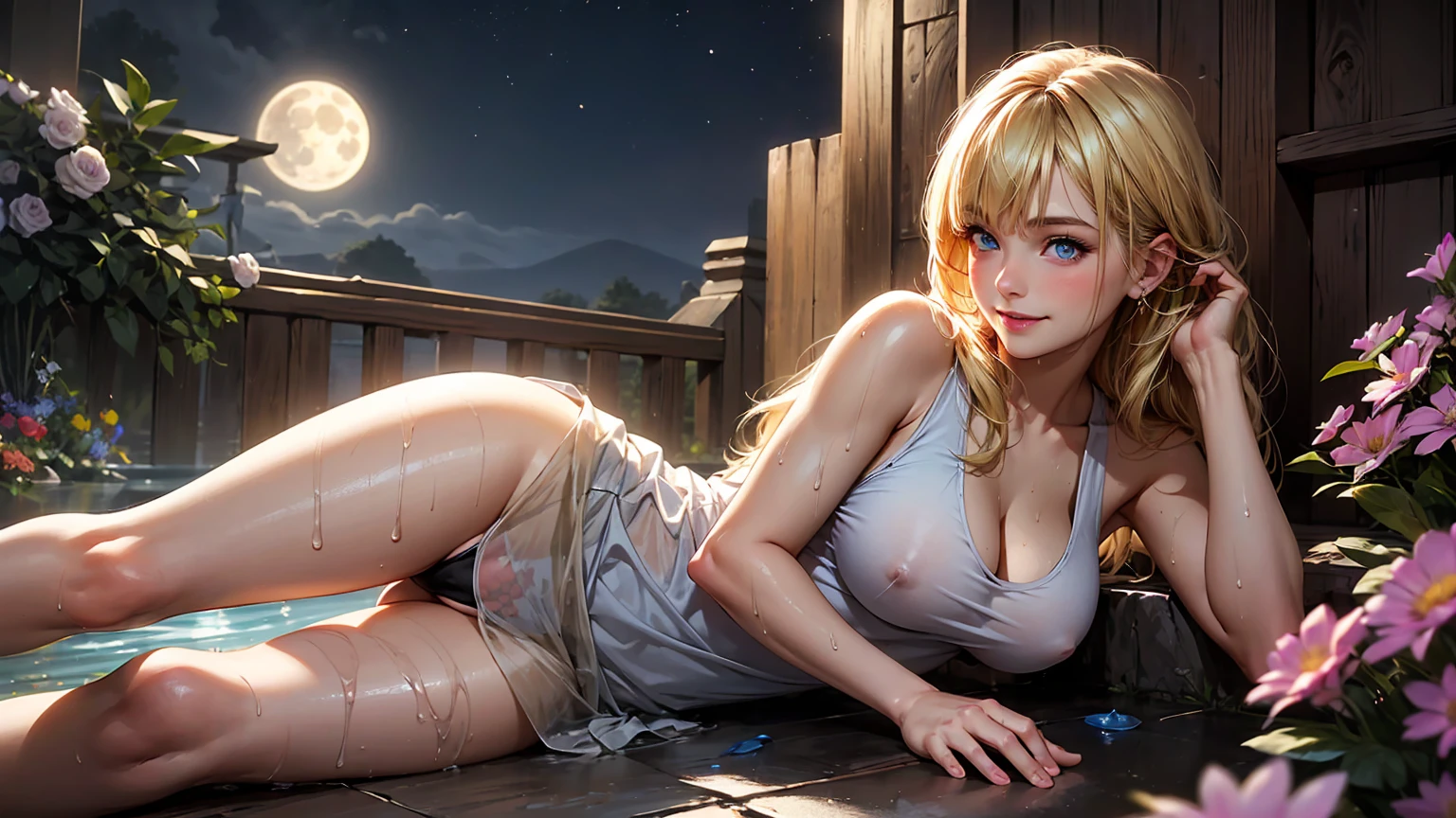 realistic, 1 girl, blonde hair, blue eyes, glowing eyes, tank top, see through, mini skirt, big smile, blush, night, perfect, flowers, moon, camel toe, wet, naked girl,