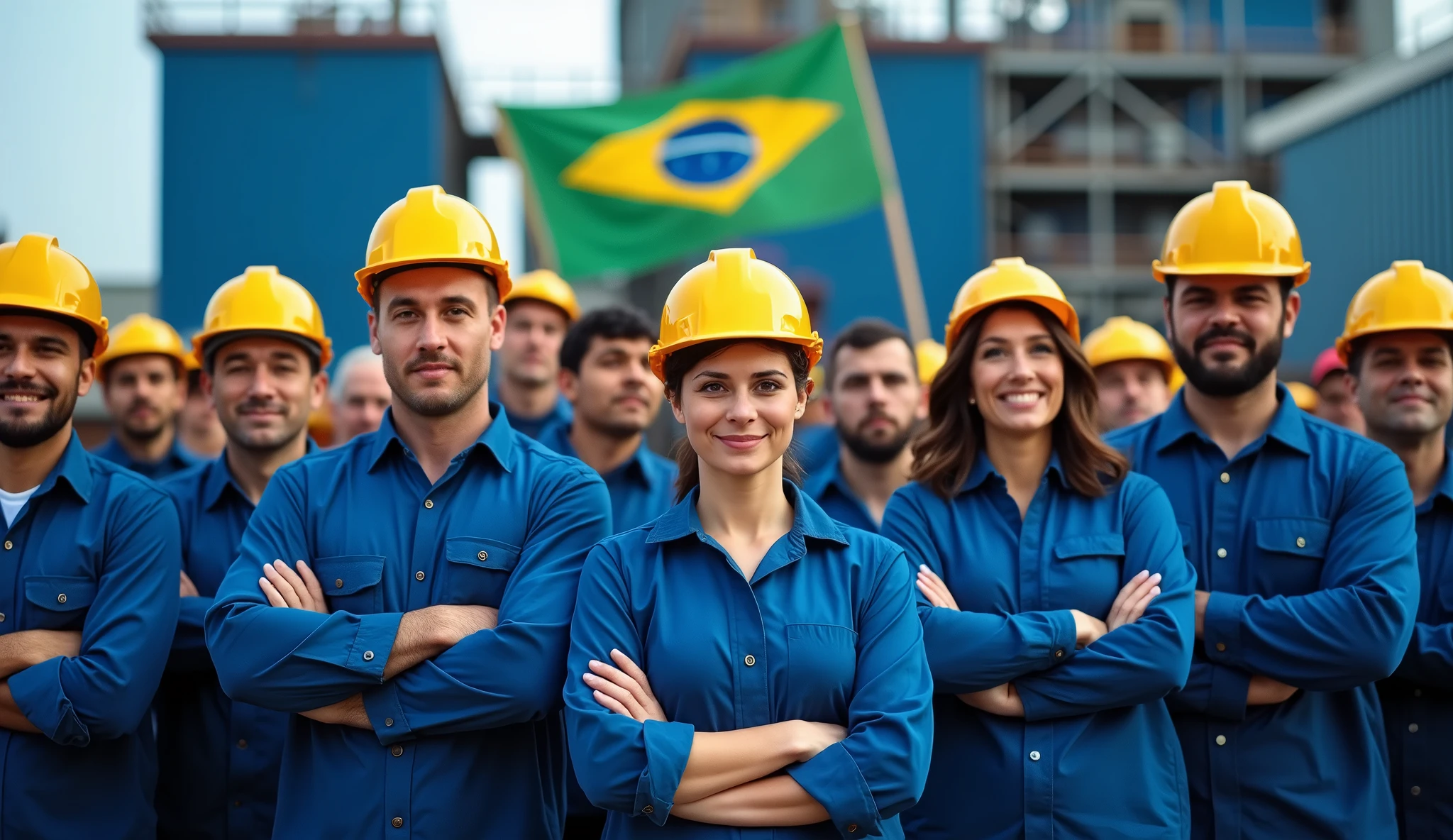 A striking depiction of Brazilian metalworkers, men and women, standing strong in front of a modern factory with large navy and light blue buildings. Dressed in blue uniforms and safety helmets, they face the camera with unwavering determination. Some workers have their arms crossed, while others hold a banner with the phrase "Campanha Salarial 2024" in Portuguese. The scene captures the spirit of unity and struggle for workers' rights.