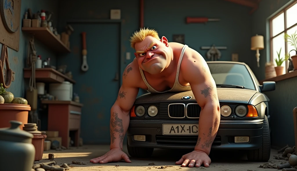 Im Stil von Pixar 3D-Animation filmen (Caricature). A hunched man with a nasty face , short blonde hair and a dirty white undershirt works on a dirty and rusty silver BMW E46 Compact in a dark and dirty garage.