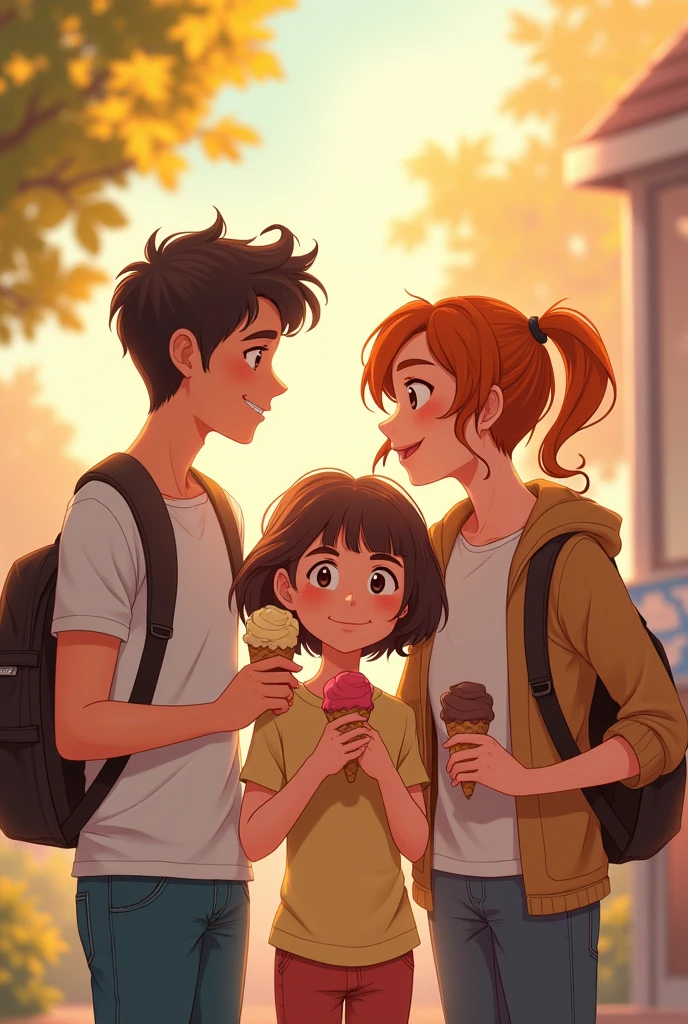 In the end, their animosity turned into one of the strongest friendships they had ever known, all thanks to the unexpected connection they had with Lily. The boys had started as enemies but ended up as the best of friends, a testament to the power of understanding and shared experiences. Alex and jake smiling with lily while eating ice cream
