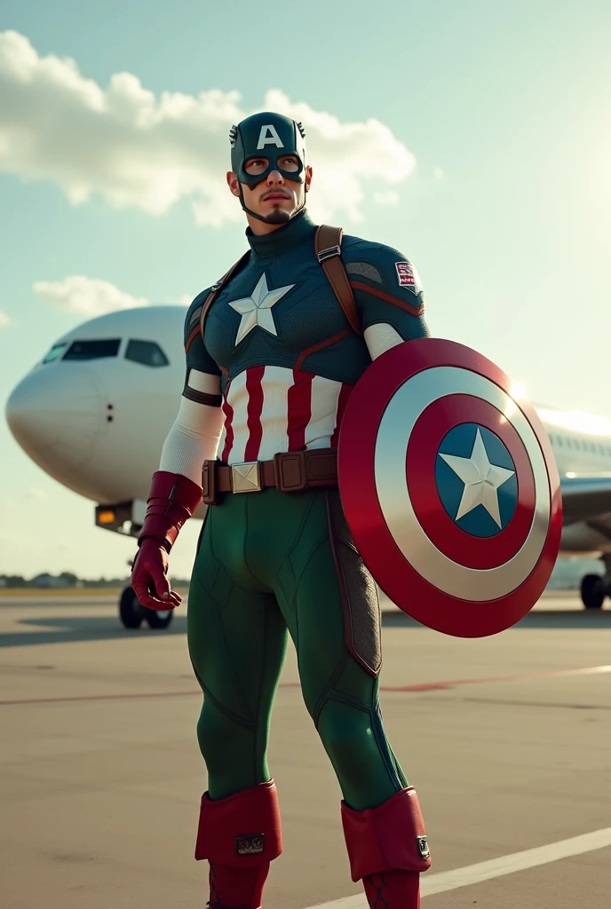 Capitain America wearing Ethiopian flag suit and his sheild is green yellow read and star inthe middle and at his back ethiopian airlines plane on the ground defending the plane