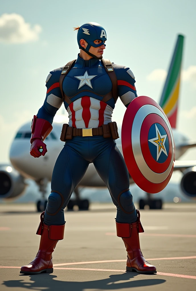 Capitain America wearing Ethiopian flag suit and his sheild is green yellow read and star inthe middle and at his back ethiopian airlines plane on the ground defending the plane