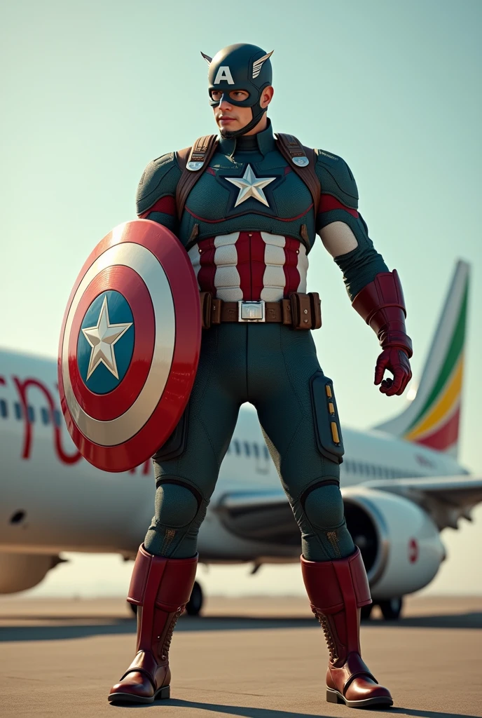 Capitain America wearing Ethiopian flag suit and his sheild is green yellow read and star inthe middle and at his back ethiopian airlines plane on the ground defending the plane