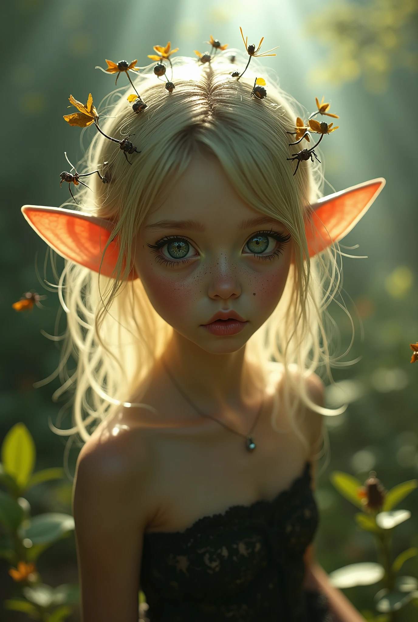 (Realystic:1.4), analog photo style, depths of field, (a blond-haired adult Pixie with different eyes), (small leaves and insects got tangled in wet hair), wide waist, (her full body is a visual pleasure), view from above, dark fantasy atmosphere, deep shadows with the some sun rays, a delicate balance between reality and fantastic, faded colours, great quality, Masterpiece, most detailed blurred surreal background, naturally cinematic light, 16k quality, kodak porta 400, bokeh.