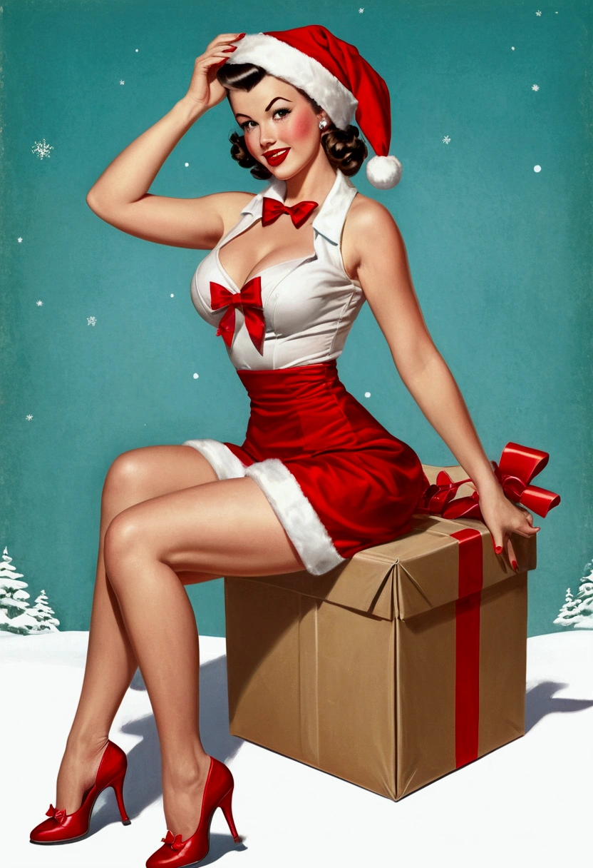 Full body of a woman wearing a Santa hat ,  dressed with a red bow, pin up art, girl pin up, pin up girl, pin up poster girl, pin up model, retro pin up model, pin up girl, pin up girl, pin up, pin up, pin up, pin up, Gil ELVGREN style, pin up pose, pin up style poster, comic pin up style