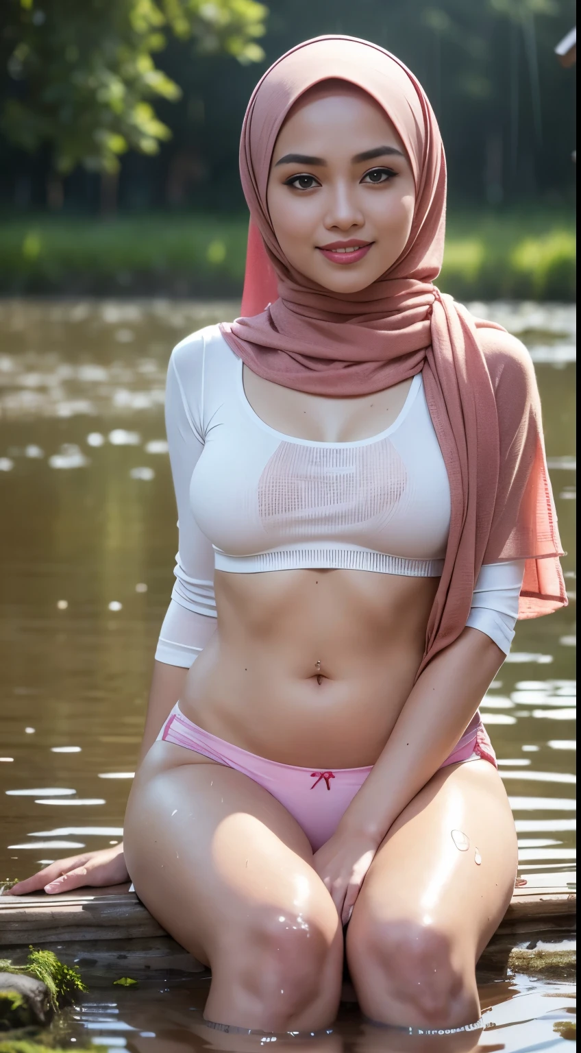 RAW, Best quality, high resolution, masterpiece: 1.3), beautiful Malay woman in hijab (iu:0.8),Best quality, high resolution, Masterpiece: 1.3, Beautiful hijabi malay girl, Masterpiece, Soft smile,Beautiful Malay women wear red pastel color hijab , Red lips, sitting on muddy rice paddy field, bright sunshine, hiking clothes, pullover, long pants, highres,4k,HDR,1girl, photorealistic, realistic, skin white, sweat skin, bra and underwear, Soaking wet clothes, wet body, small breast, naked, ((full body))soaked, dripping, smiling at viewer, closeup