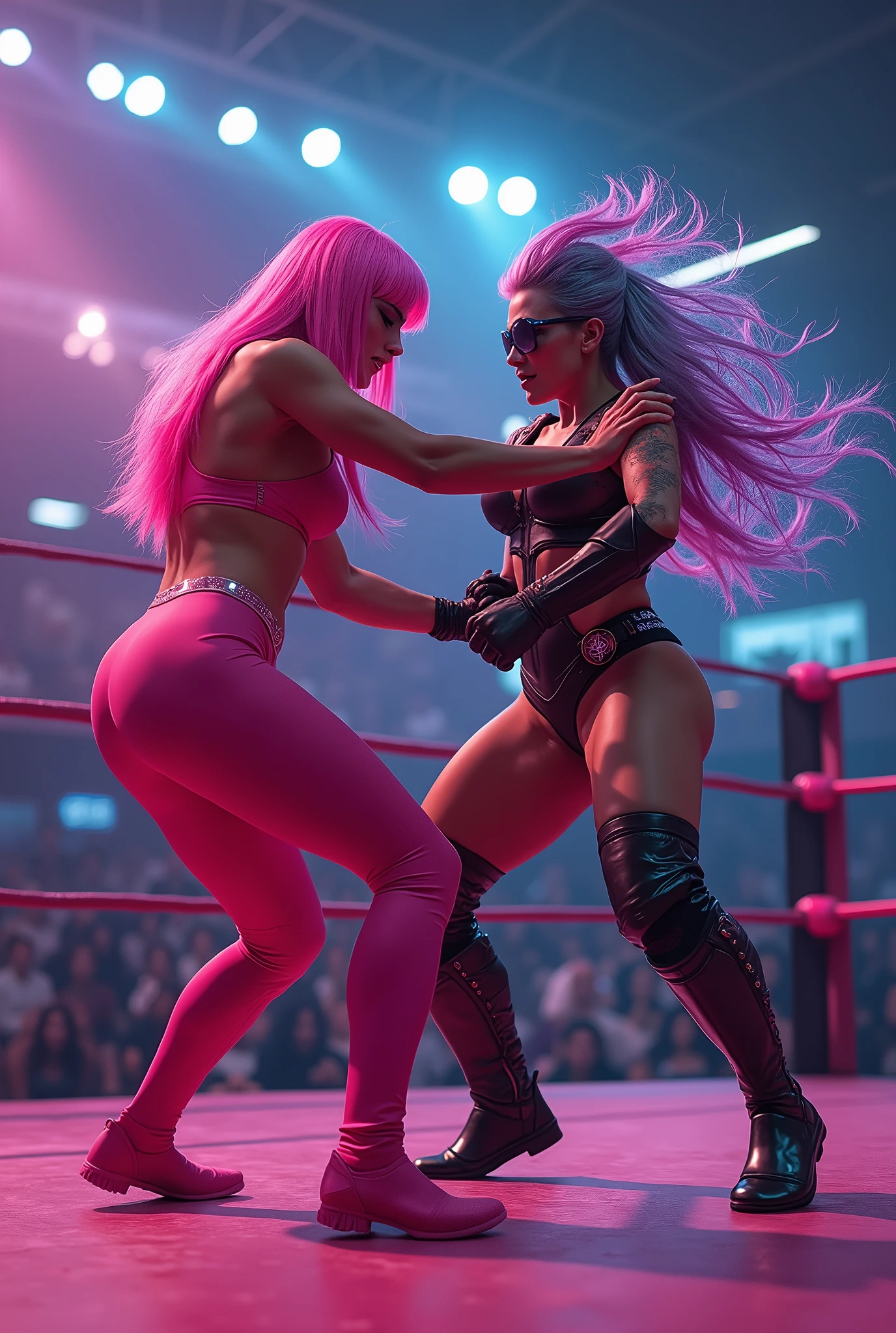 2 women wrestling each other in a wrestling ring, 1 woman Neon Vixen * Appearance: All-pink attire, straight, shoulder legnth, pink hair, big breasts, sleek and sophisticated appearance. * Character: Confident, ambitious, and a skilled businesswoman. * Abilities: Enhanced strength and agility. Can emit neon energy blasts. 1 woman The Quantum Queen * Appearance: Iridescent hair that changes color, futuristic bodysuit, holographic mask. * Character: Mysterious, enigmatic, and incredibly powerful. * Abilities: Can manipulate quantum energy, control elements, and manipulate time.