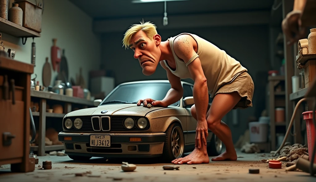 Im Stil von Pixar 3D-Animation filmen (Caricature). A hunched man with a nasty face , short blonde hair and a dirty white undershirt works on a dirty and rusty silver BMW E46 Compact in a dark and dirty garage.
