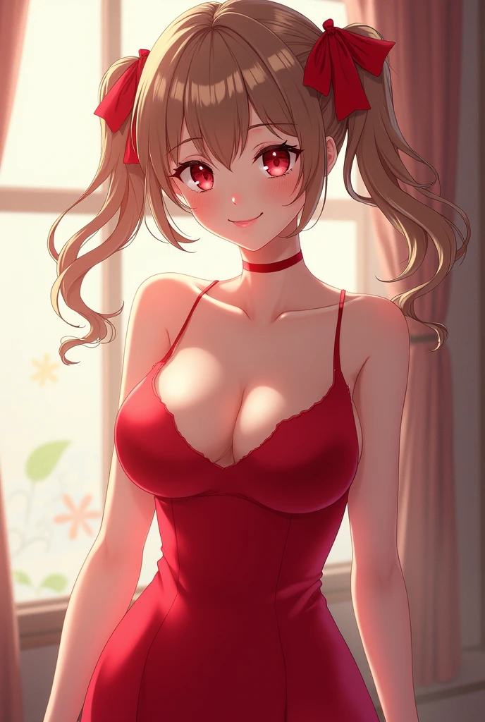 About 1 sexy anime girl in red dress showing off big breasts,(Light brown hair color,Twin tails,Twin tailsにリボン着用)