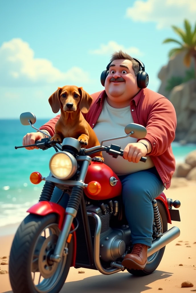 I am a chubby middle-aged man and my furry caramel dachshund dog on top of the red motorcycle enjoying the sea listening to music on Bluetooth headphones. 