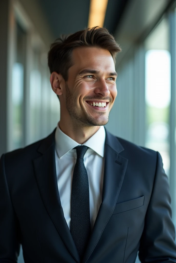 A smart 2 man will look ahead with a smile. The tie suit will be worn on the body. Will look screen