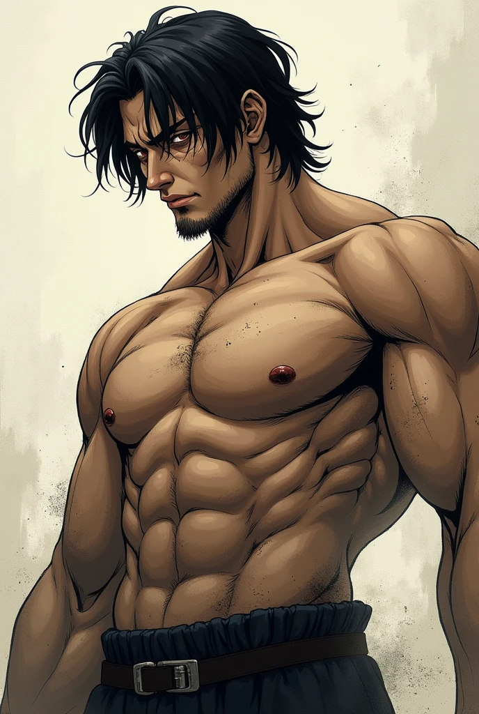 Character with these characteristics:
handsome , medium long black hair , tired eyes , muscular , cold and the type of drawing is the same as Hajime no Ippo&#39;s look that makes you look like he lost everything just like Guts from Berserk