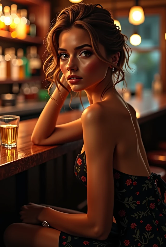 (photorealism:1.2), beautiful woman, fair, intoxicated look at bar, drinking, classy dress, relaxed pose, realistic, intricate details, drinking bar, lights