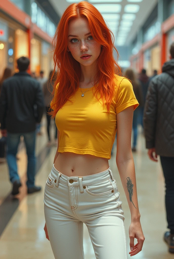 "Girl with white face and freckles, red hair, in a crowded shopping mall, tight white skinny jeans, yellow t-shirt, wets herself on purpose , smiling proudly, peeing, (urination:1.5), medium: oil painting, realistic:1.37, best quality, ultra-detailed, studio lighting, vivid colors, physcially-based rendering.white eyes" 