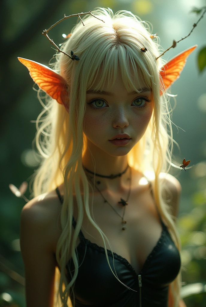 (Realystic:1.4), analog photo style, depths of field, (a blond-haired adult Pixie with different eyes), (small leaves and insects got tangled in wet hair), wide waist, (her full body is a visual pleasure), view from above, dark fantasy atmosphere, deep shadows with the some sun rays, a delicate balance between reality and fantastic, faded colours, great quality, Masterpiece, most detailed blurred surreal background, naturally cinematic light, 16k quality, kodak porta 400, bokeh.